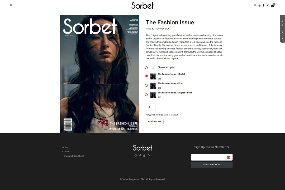 The Fashion Issue product page, with the cover beside the issue description and a choice between Digital, Print, and Digital plus Print editions at different prices