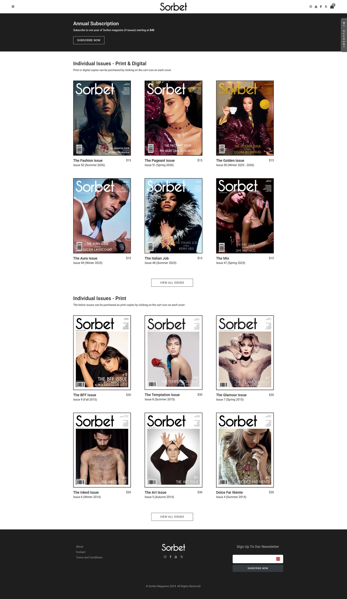 The Sorbet store page, with an annual subscription banner above a grid of print and digital issues and a second grid of print-only back issues, each cover showing its price