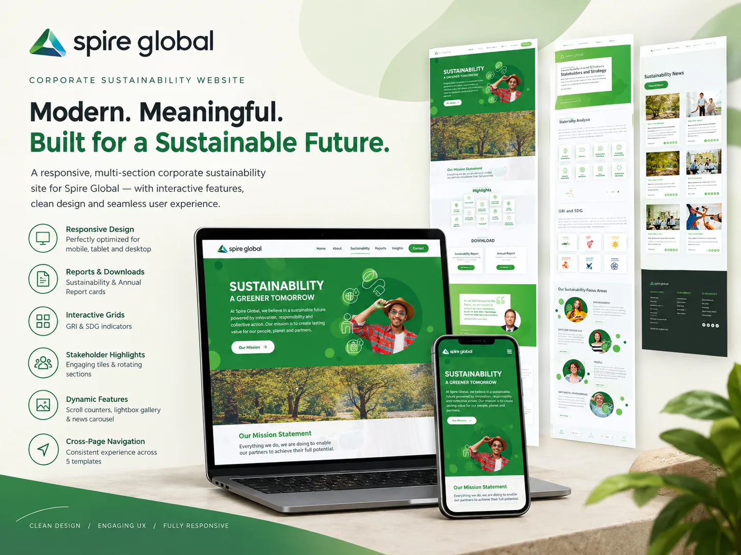 The Spire Global homepage hero, "Sustainability. A greener tomorrow.", above a mission statement and forest photograph