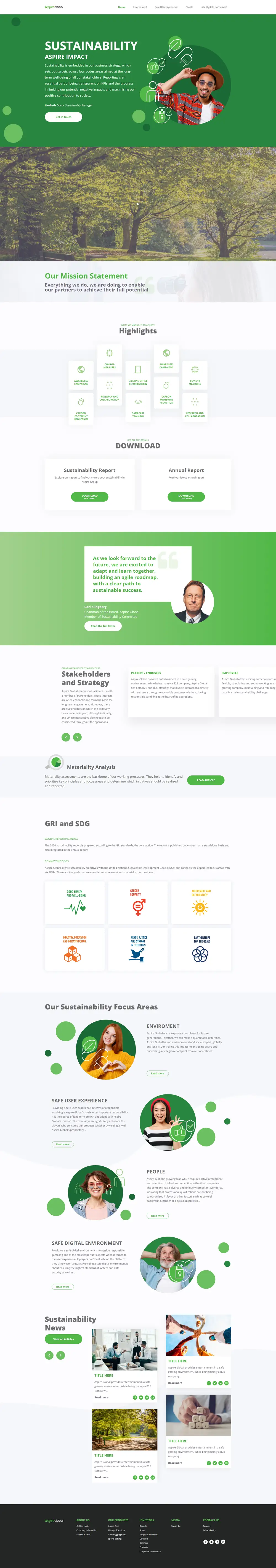 The Spire Global homepage with sustainability highlights and report downloads